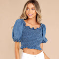 Fresh and Sweet Elastic Solid Color Denim Short-Sleeve