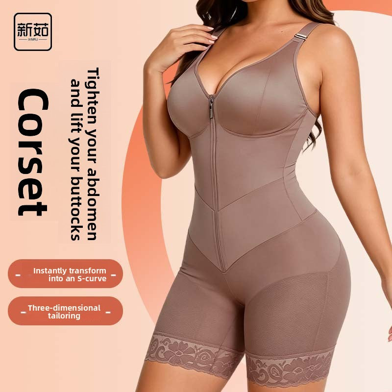 Front Zipper Shapewear Bodysuit with Lace Trim