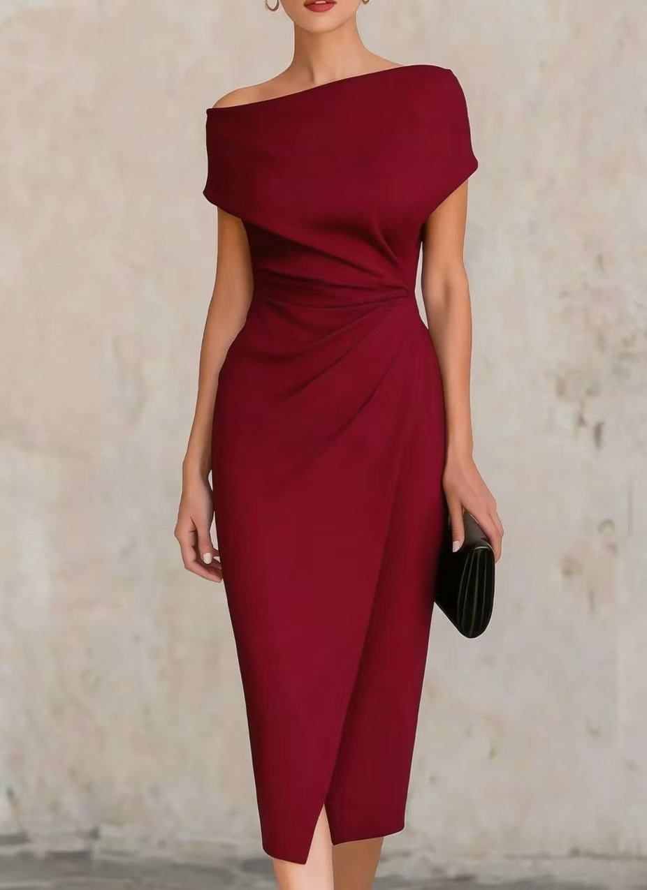 Off-shoulder waist pleated dress elegant dress dress womenOff-shoulder waist pleated dress elegant dress dress women