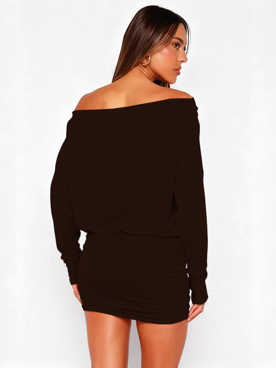 Gentle Slanted Shoulder Long-Sleeved Sexy Slimming Look Sexy Hip-Hugging Dress