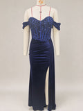 Off Shoulder Sequin Pleated Satin Evening Dress With Slit