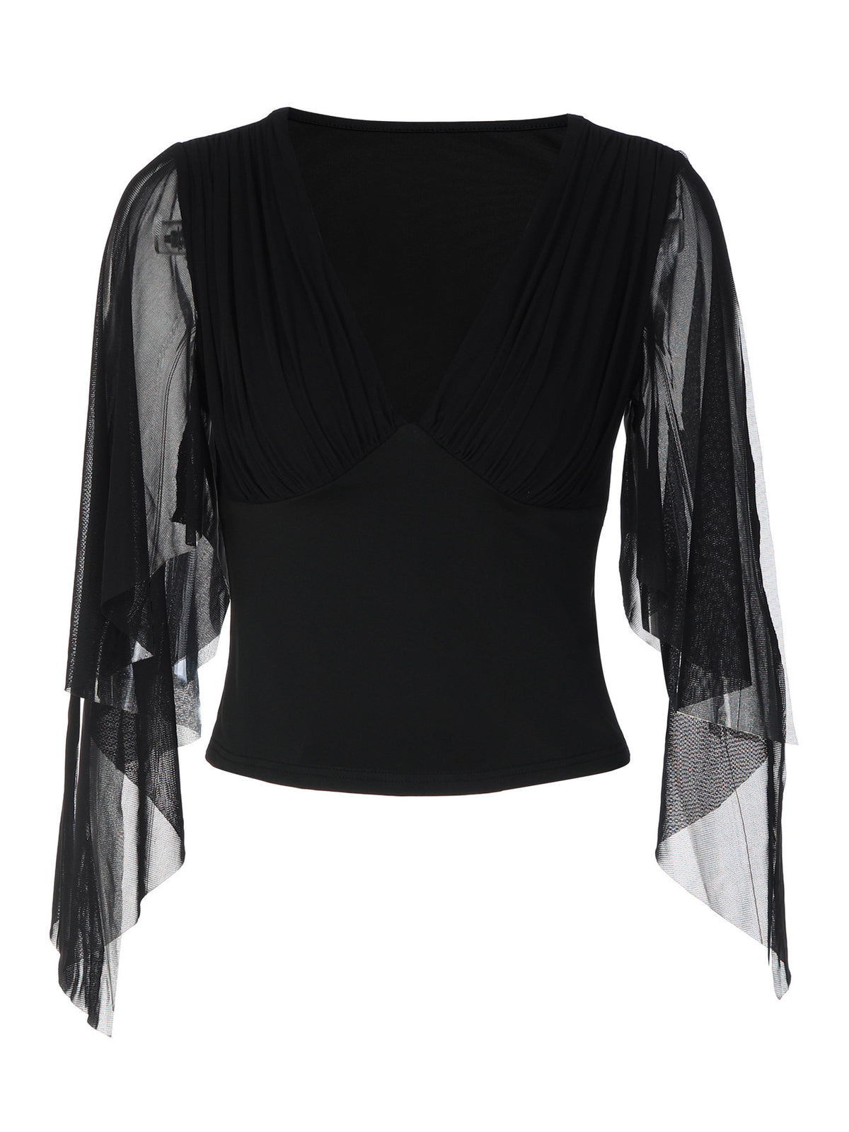Women's Solid Color Long Sleeve Mesh Patchwork V-Neck Slim Fit Knit Top T-Shirt