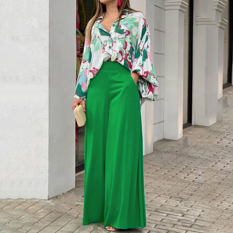 Floral Print Shirt and Wide-Leg Pants Set