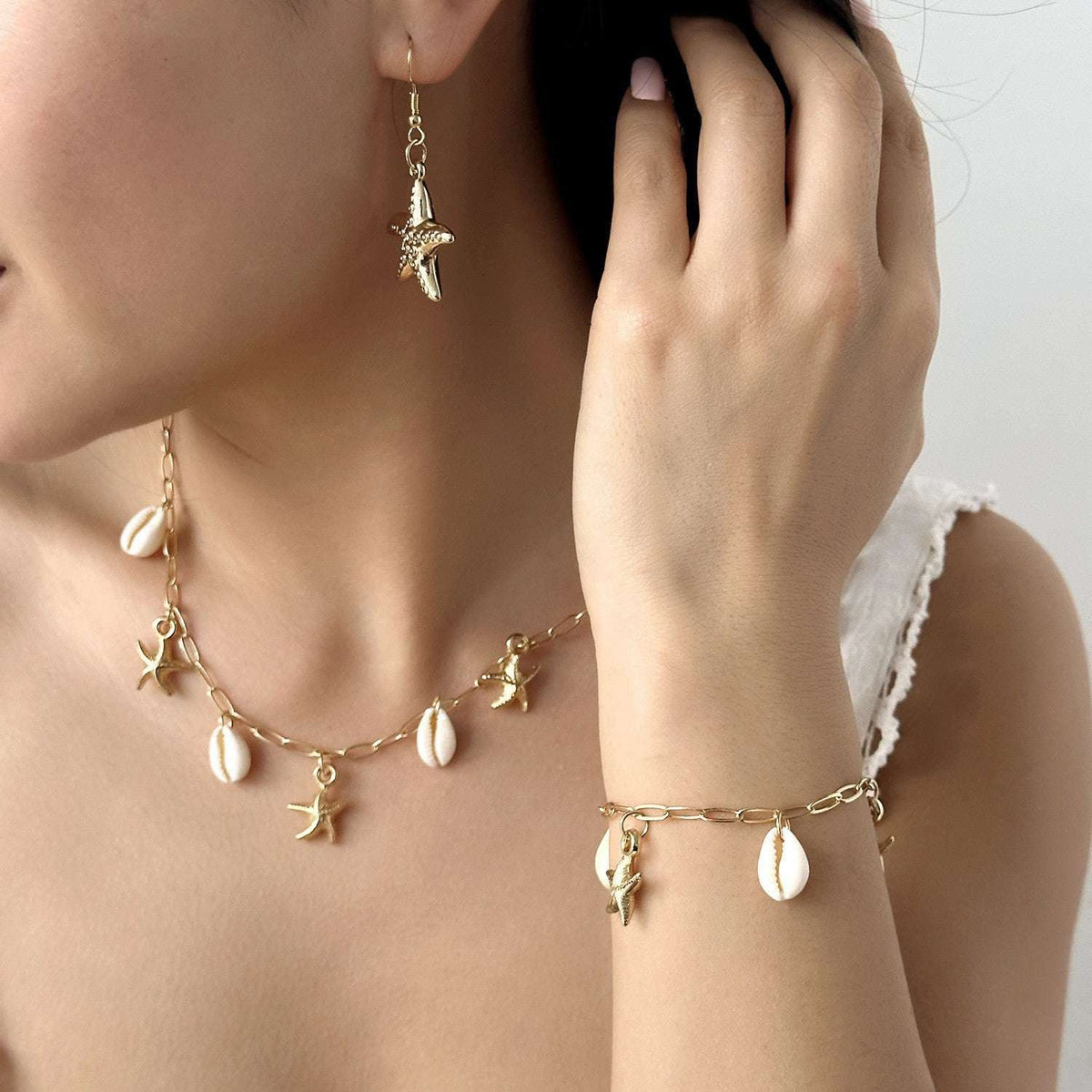 Adjustable Pearl Bracelet and Necklace Set with Coastal Charms