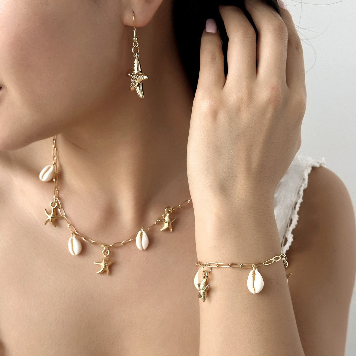 Adjustable Pearl Bracelet and Necklace Set with Coastal Charms