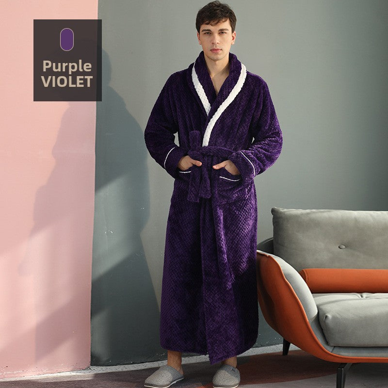 Long Thick Flannel Couple Bathrobe with Lapel Collar