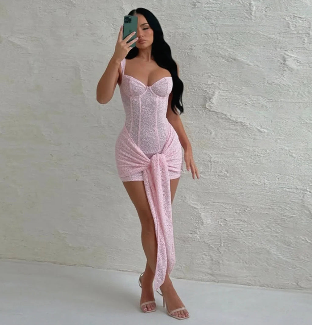 Lace V-Neck Waist Stitch Strappy Dress