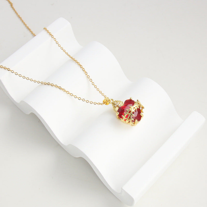 Vintage Sacred Heart Red Zircon Necklace