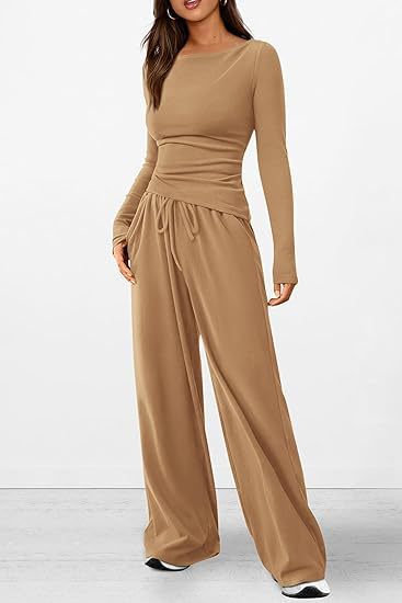 Women Asymmetric Long Sleeve T-Shirt and Wide Leg Pants Set
