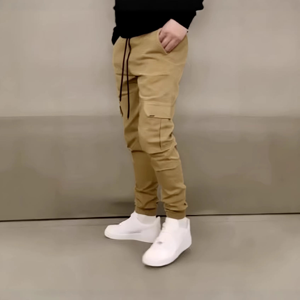 Mens Three-Dimensional Pocket Cargo Pants Elastic Waist Drawstring Loose Fit Casual Trousers