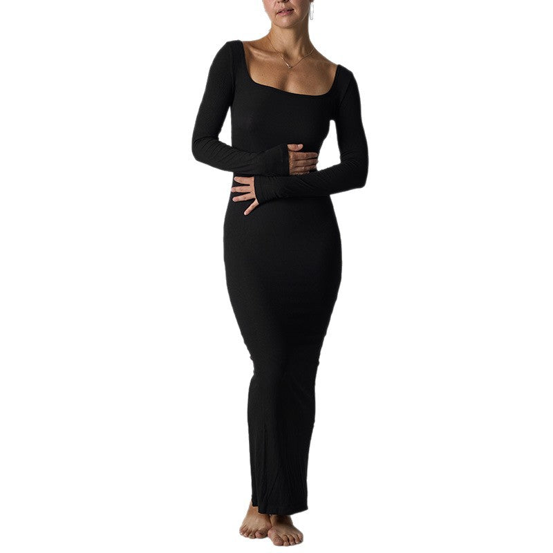 Long Dress with Ribbed Waist-Slimming Design and Built-in, Non-Slip Shoulder Straps