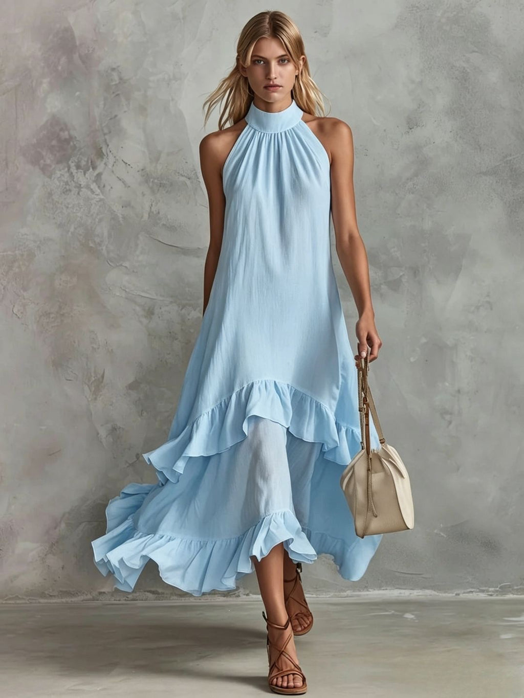 Women's Sleeveless Halter Ruffle Hem Mid-Length Summer Dress