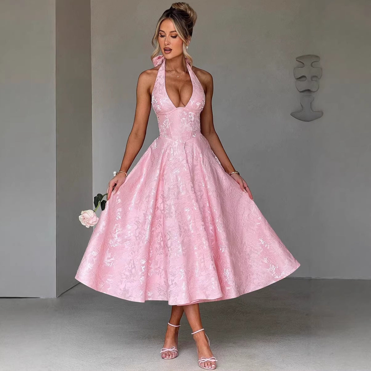 Jacquard Halter Neck Evening Gown