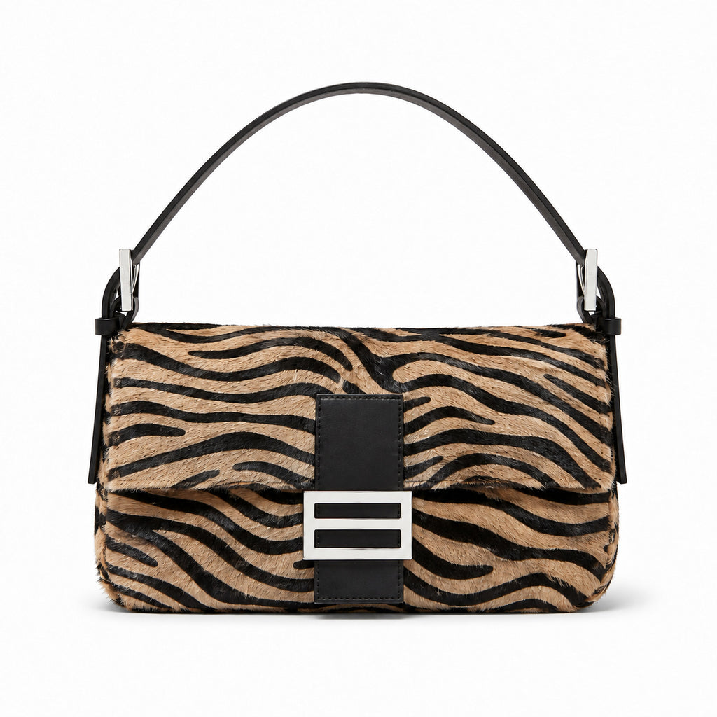 Retro zebra-patterned faux horsehair shoulder bag
