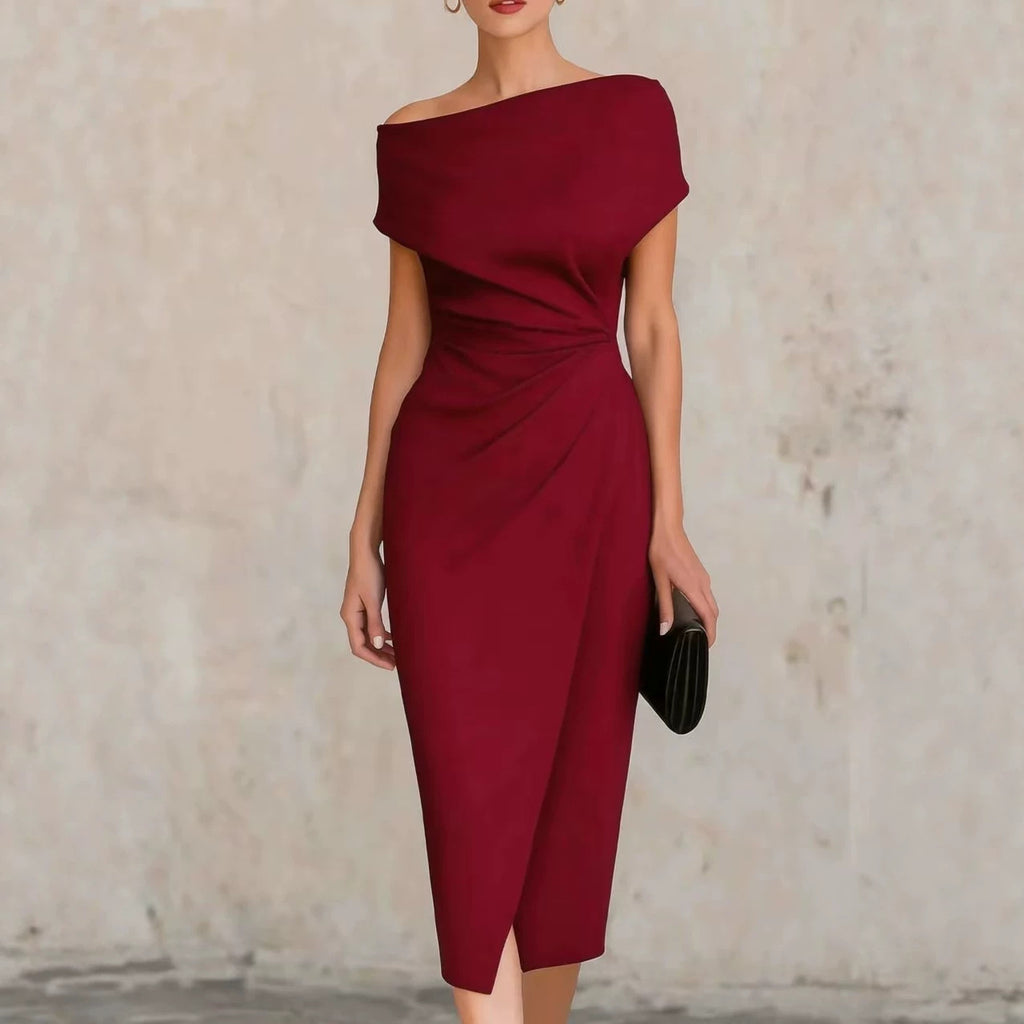 Off-shoulder waist pleated dress elegant dress dress womenOff-shoulder waist pleated dress elegant dress dress women