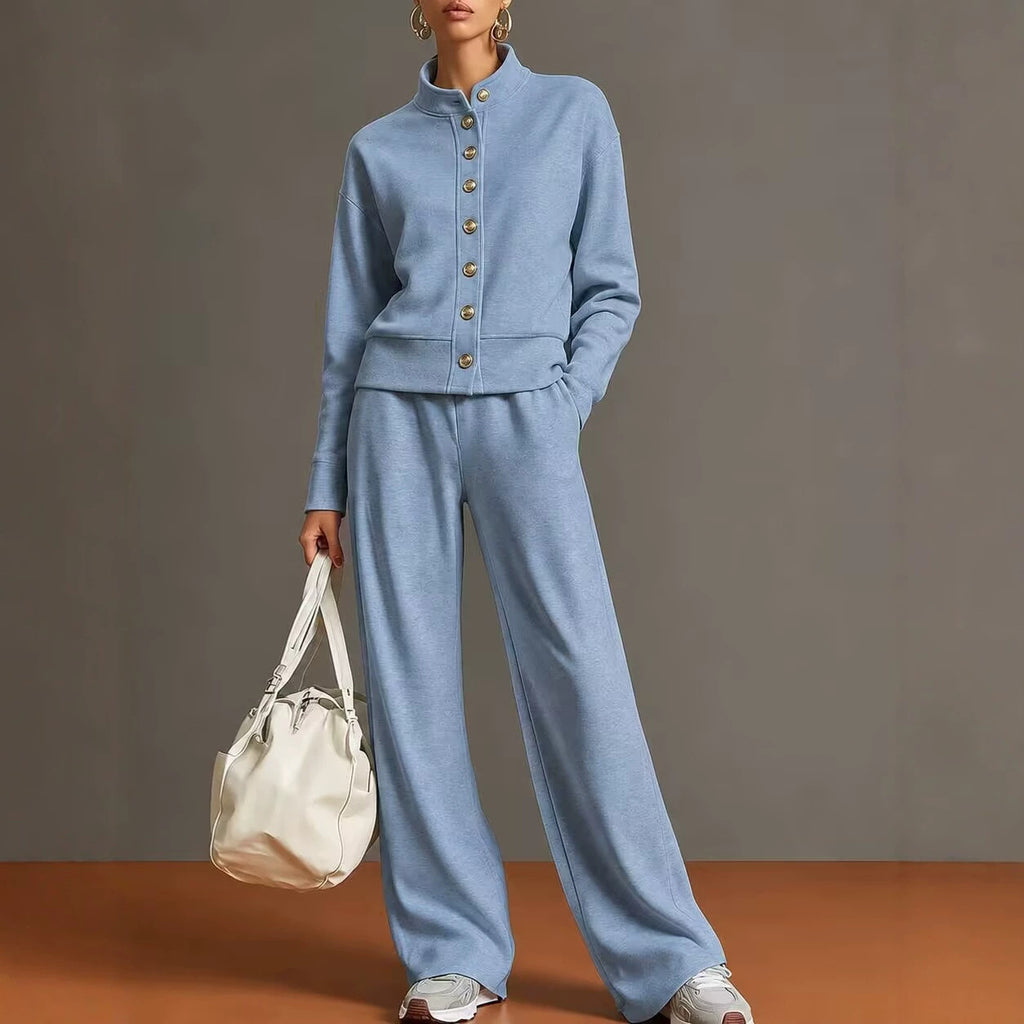 Women's Solid Color Stand Collar Sweatshirt and Wide Leg Pants Casual Two Piece Set