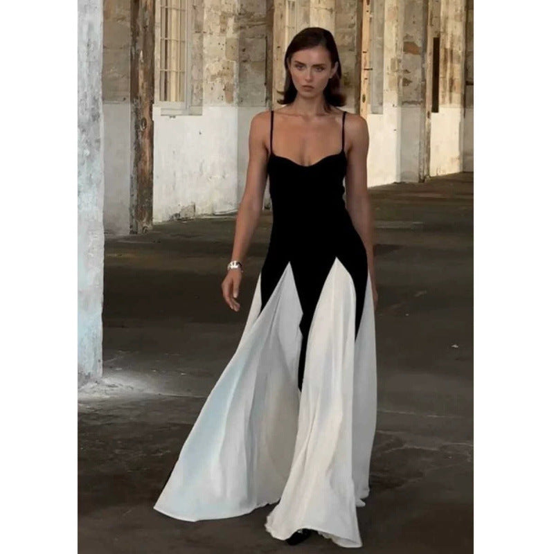 French Style Black White Color Block Slim Fit Long Dress