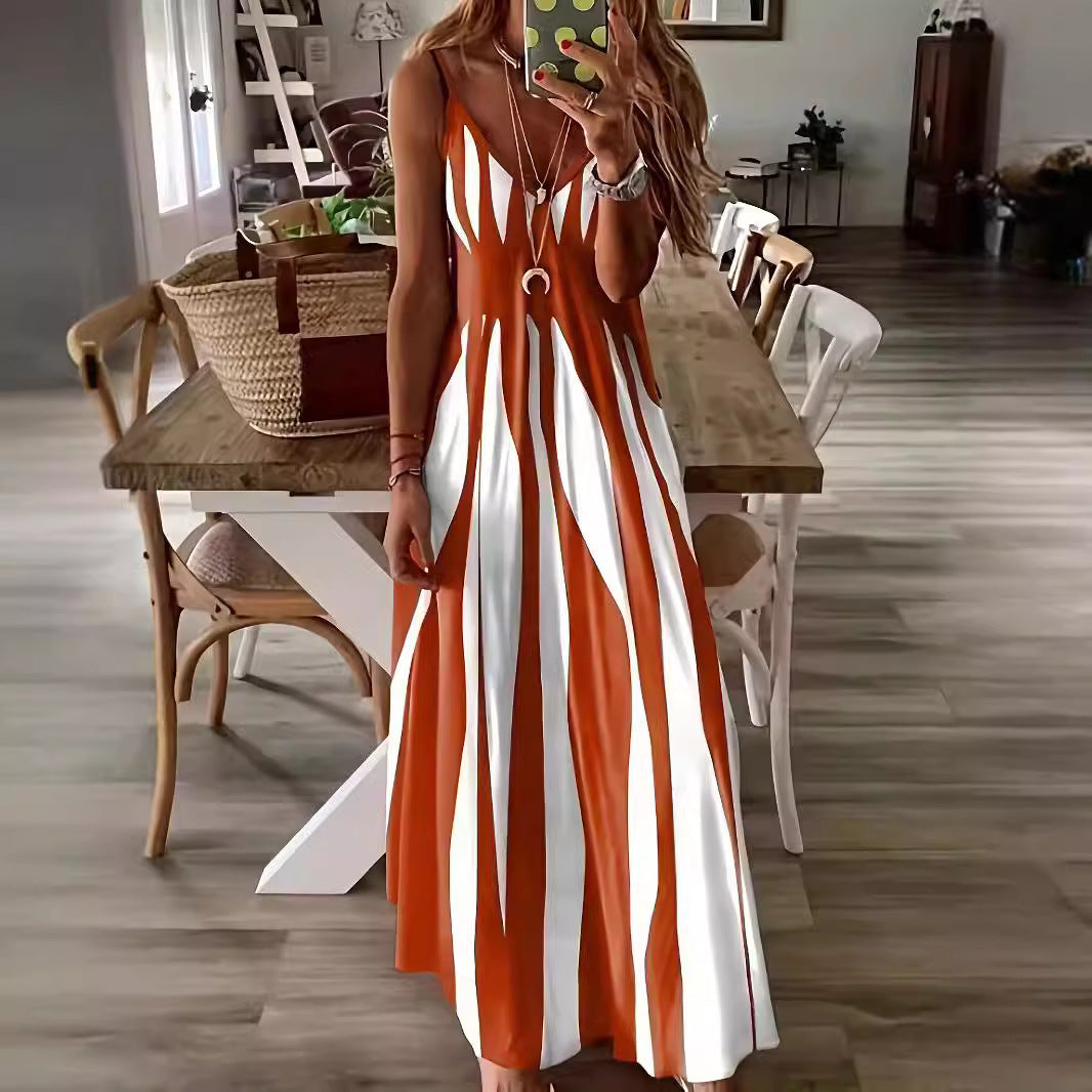2025 Summer New European and American Style Amazon Explosions Casual Sling Printed V-Neck Sleeveless Dress dress