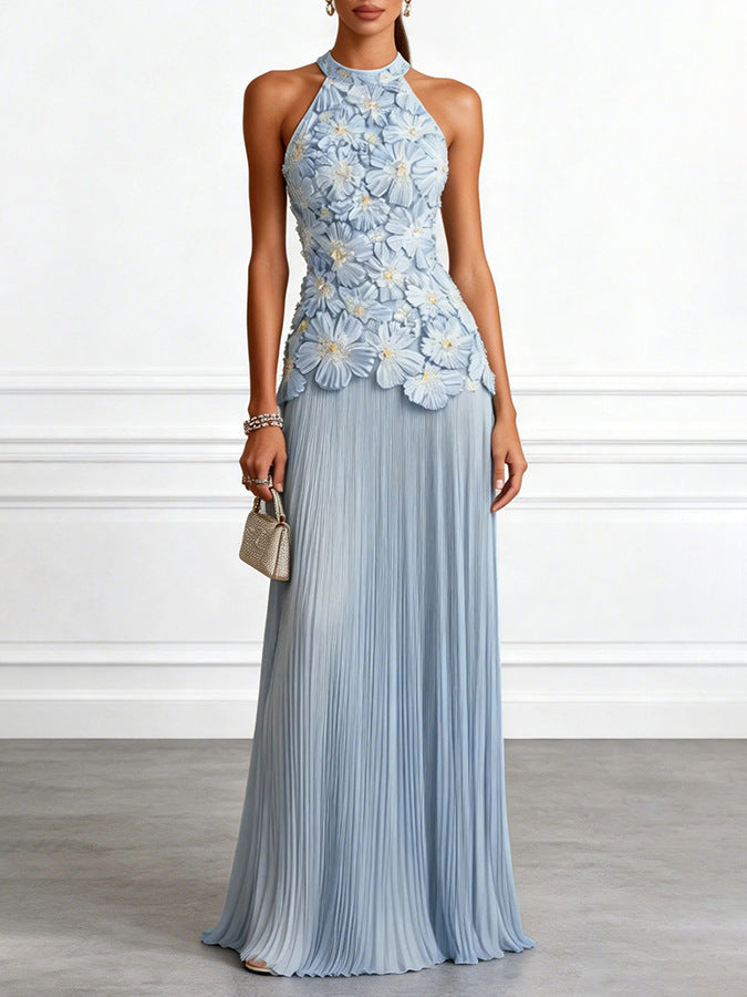 Women Halter Neck Sleeveless Pleated Dress Solid Color Long Maxi Dress