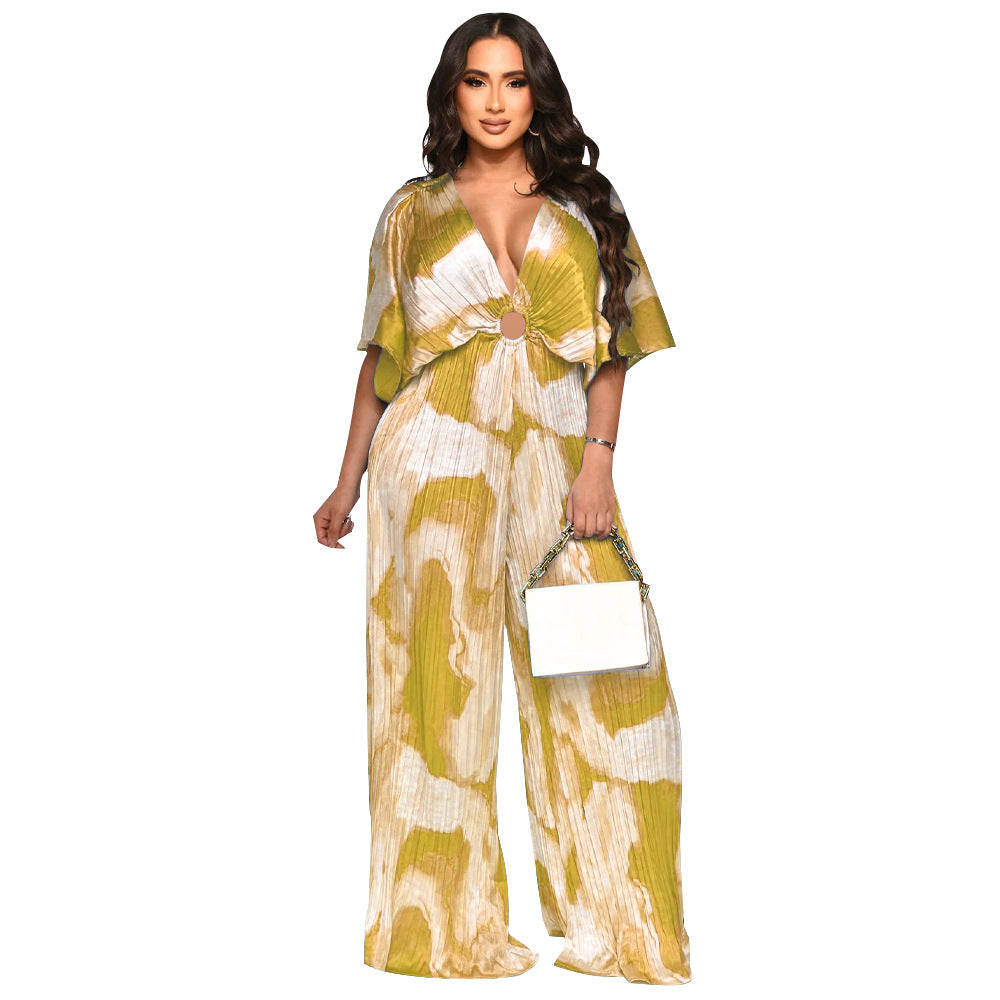 V-Neck Pleated Printed Casual Jumpsuit