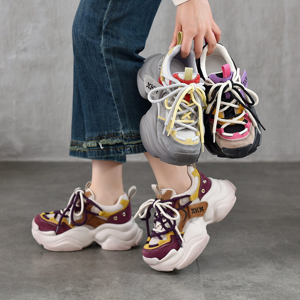 Compact, lightweight, thick-soled dad sneakers for women?mesh upper with genuine leather accents, color-blocked lacing, casual style