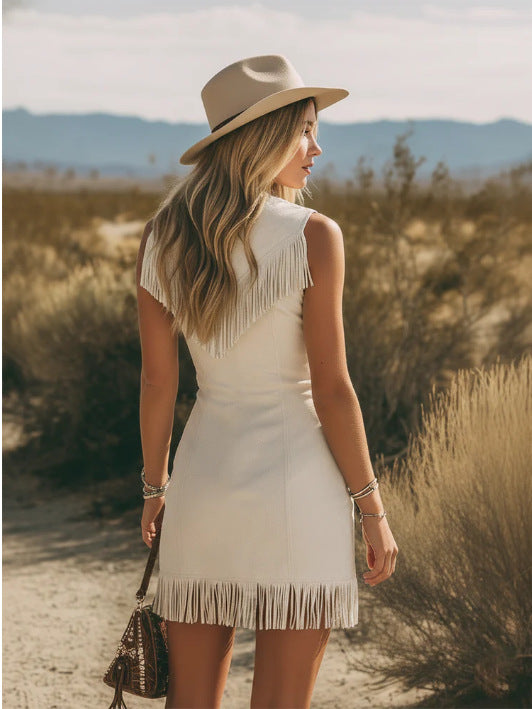 Women's Vintage V-Neck Fringed Faux Suede Mini Dress