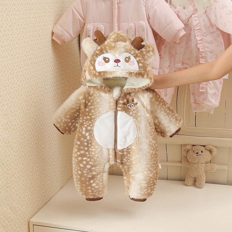 Baby Wool Jumpsuit Winter Cotton Padded Warm Cartoon Reindeer Crawling Suit