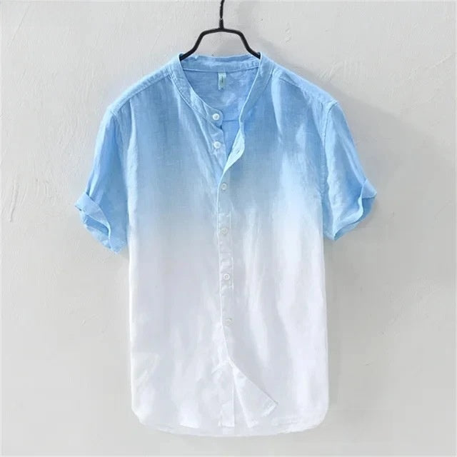 Men Linen Short Sleeve Shirt Gradient Breathing Vacation