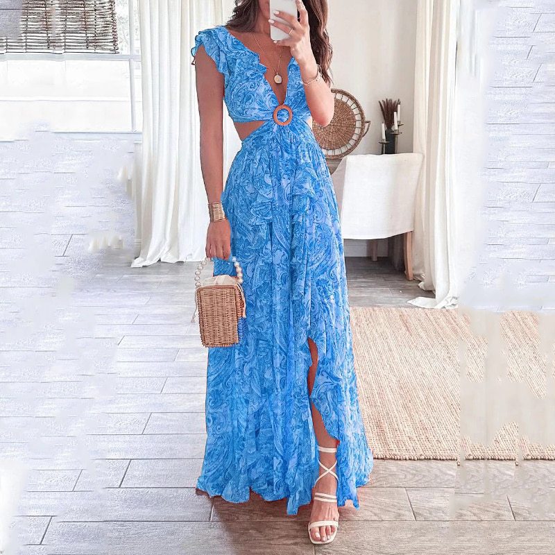 Floral Print V-Neck Ruffled Dress
