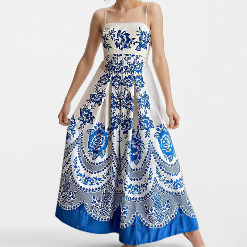 2026 Summer New Style Cross-Border European and American Resort-Style Dress, Elegant Long Printed Strap Dress