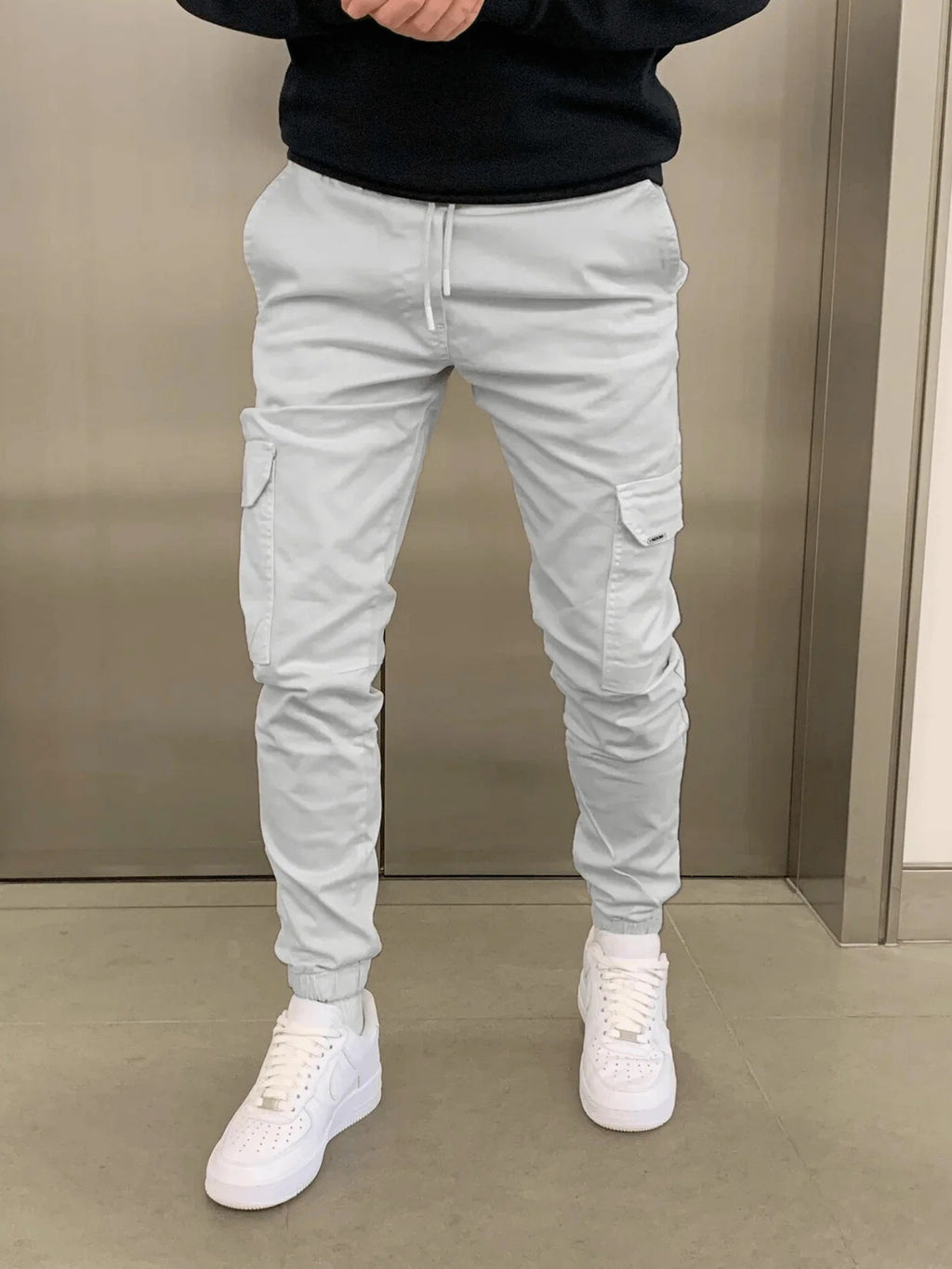 Mens Three-Dimensional Pocket Cargo Pants Elastic Waist Drawstring Loose Fit Casual Trousers