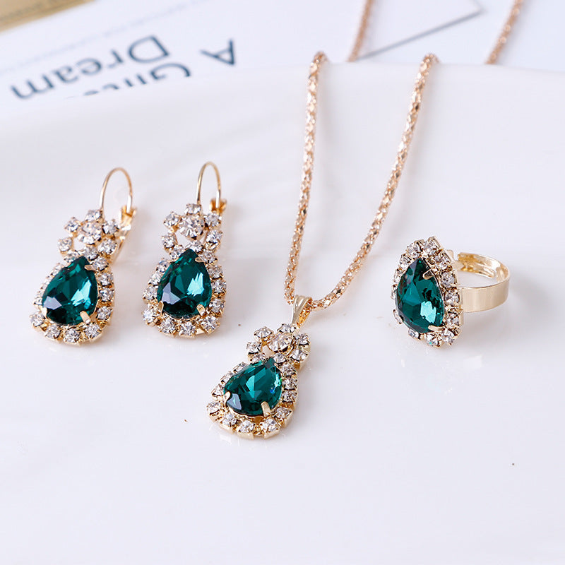 European and American Personalized Water Drop Rhinestone Necklace Earrings Ring Set