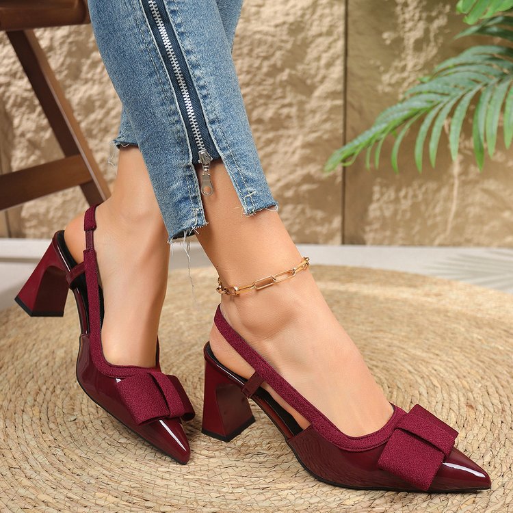 Women Pointed Toe Chunky Heel Bowknot Back Strap Closed Toe Summer Sandals