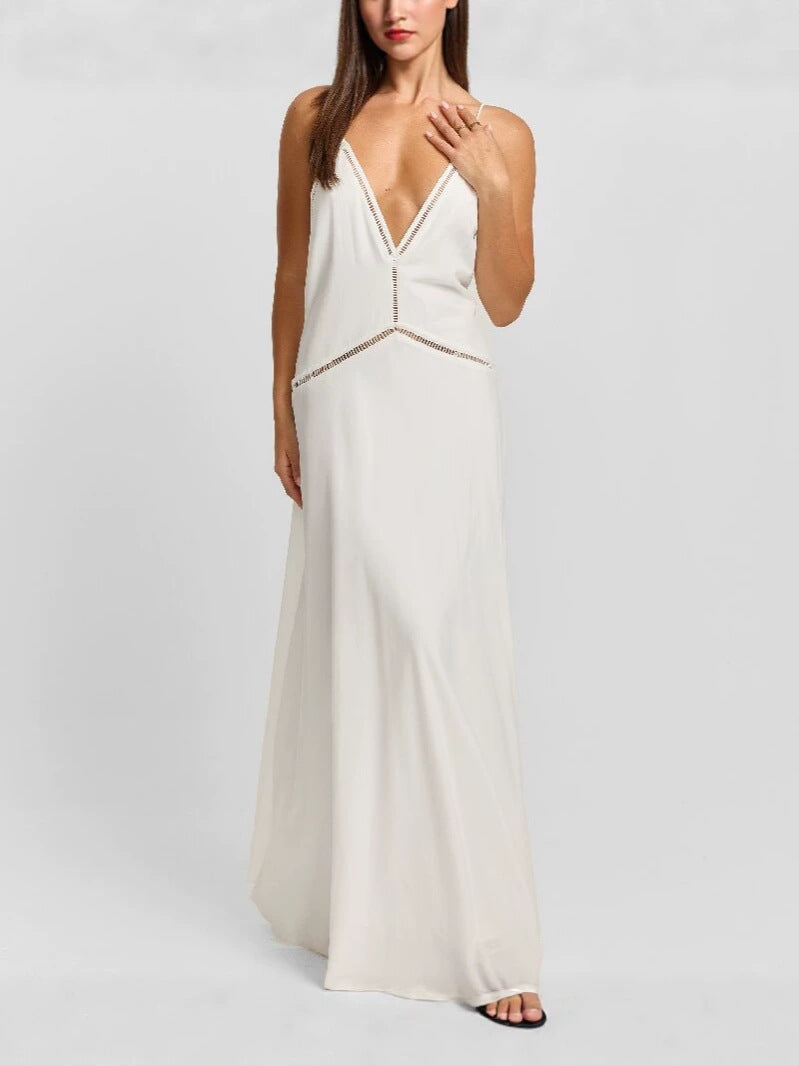 Womens Lace Trim Backless Tie V-Neck Dress