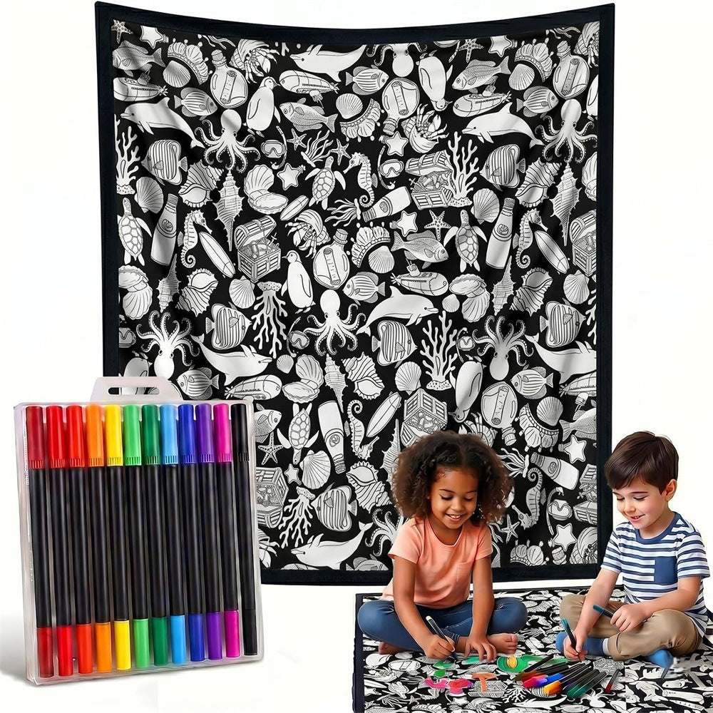 Black and white line-drawn graffiti rug
