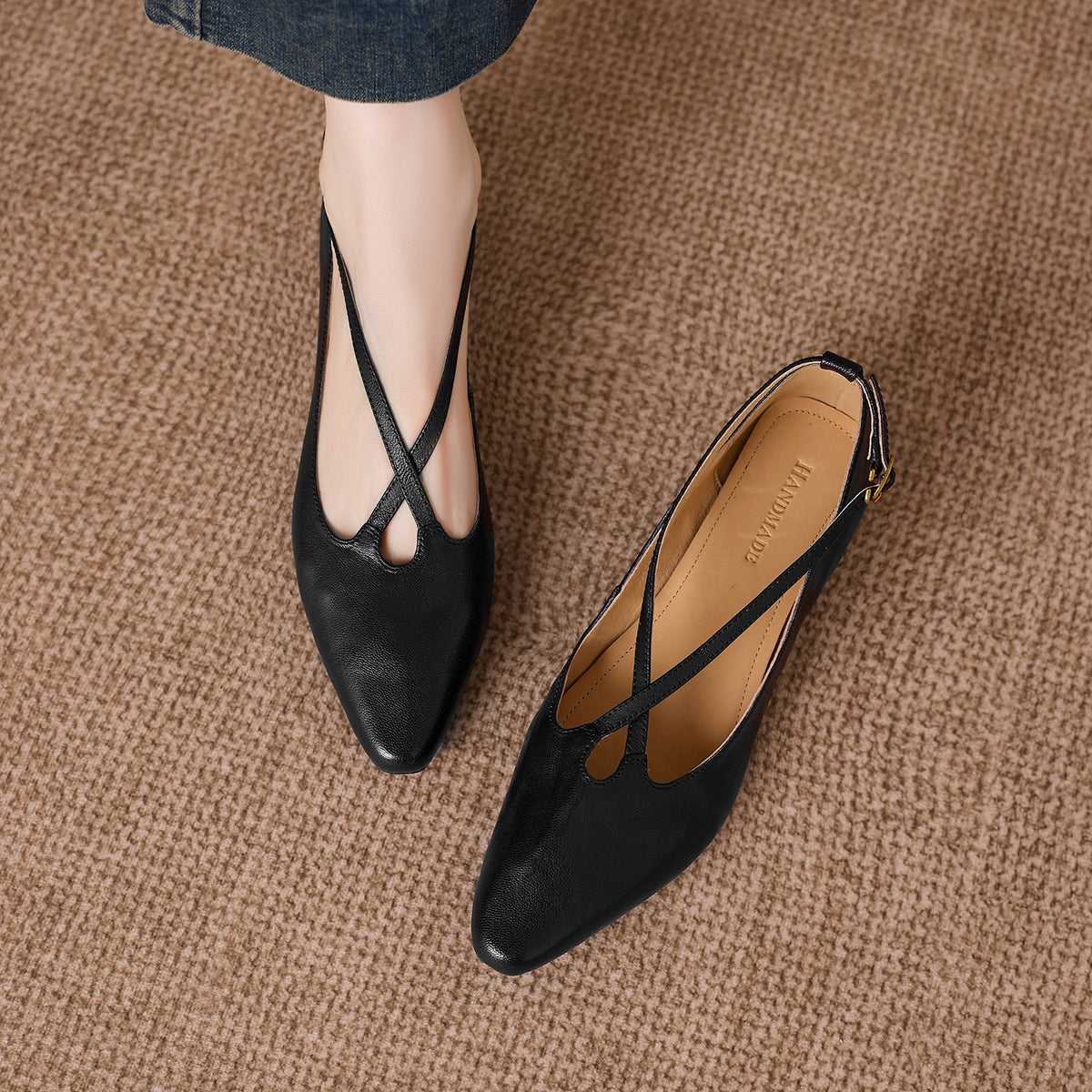 Kitten-heel peep-toe pumps with a crossover strap