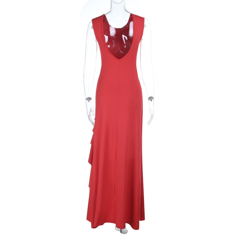 Sleeveless Pleated Slit Suspender Dress
