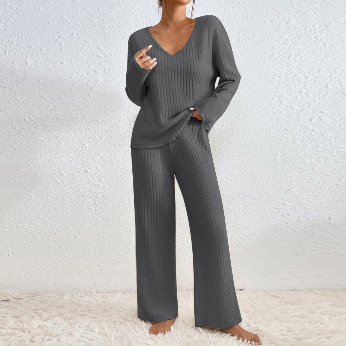 Women V-Neck Loose Ribbed Knit Long Sleeve Top Suit Set
