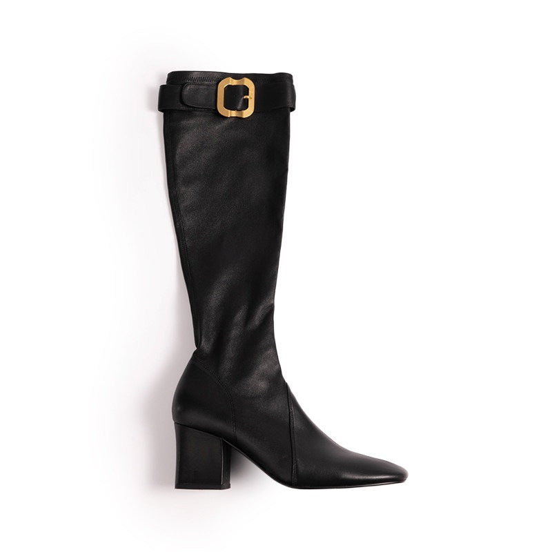 Women's Chunky Heel Knight Boots with Gold Buckle
