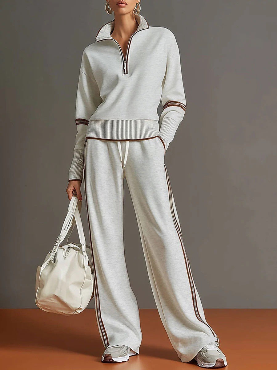 Women's Half Zip Knit Set with Wide Leg Pants