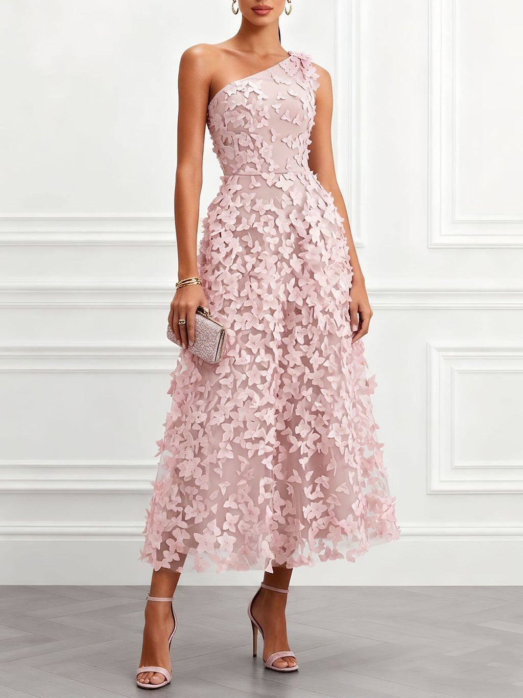 One-Shoulder Three-Dimensional Floral Dress for Women
