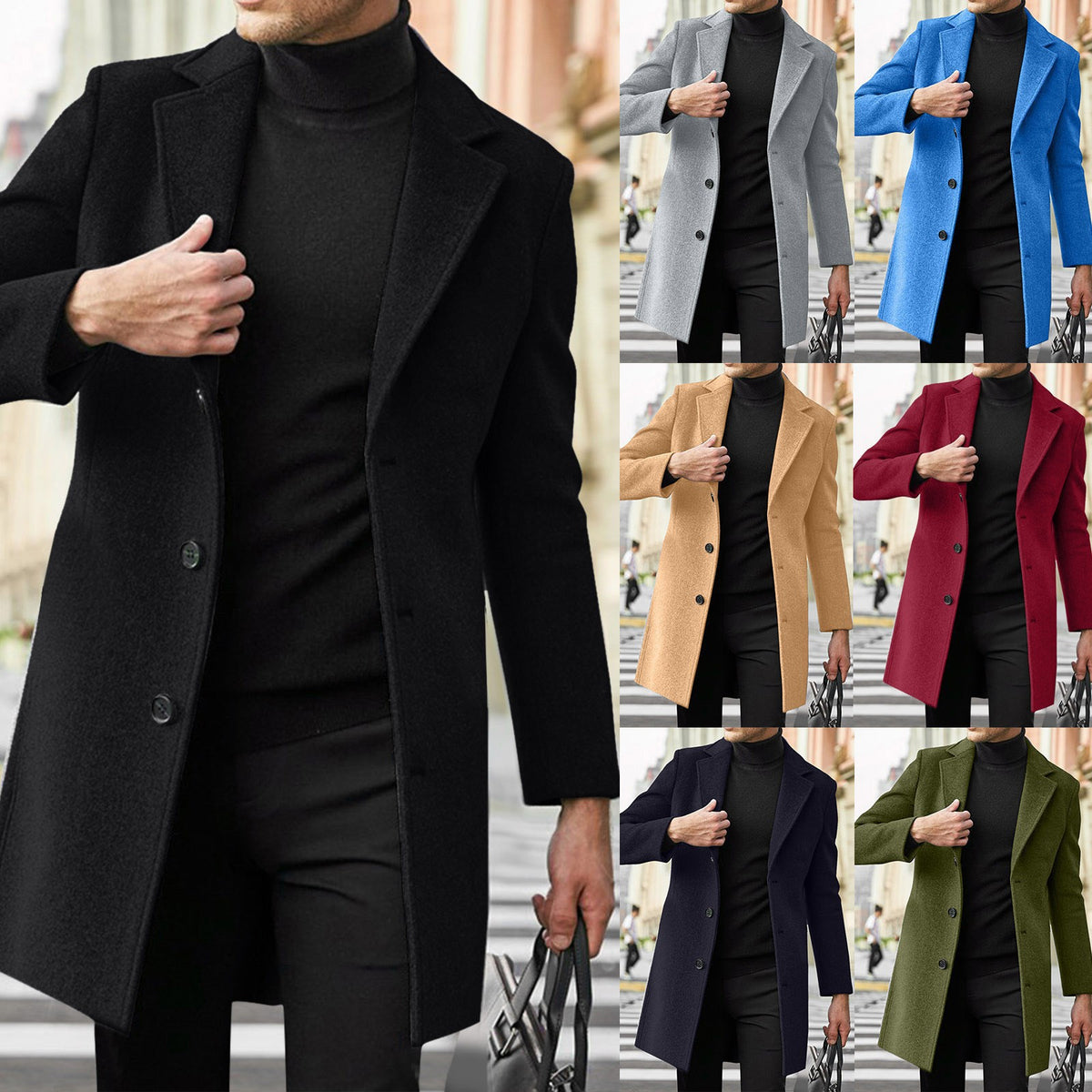 Mens British Style Mid-Length Wool Blend Coat