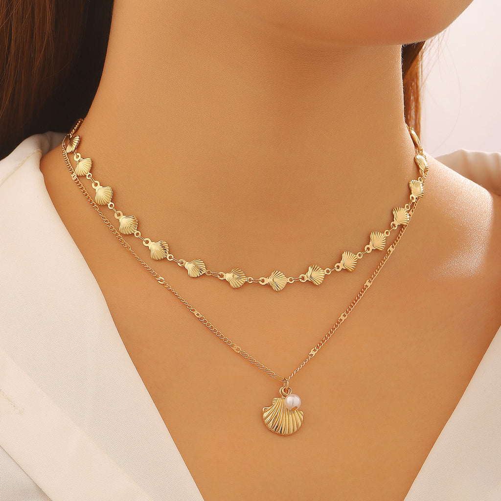 Shell and Pearl Multi-layer Necklace, Fashionable and Bold Layered Necklace
