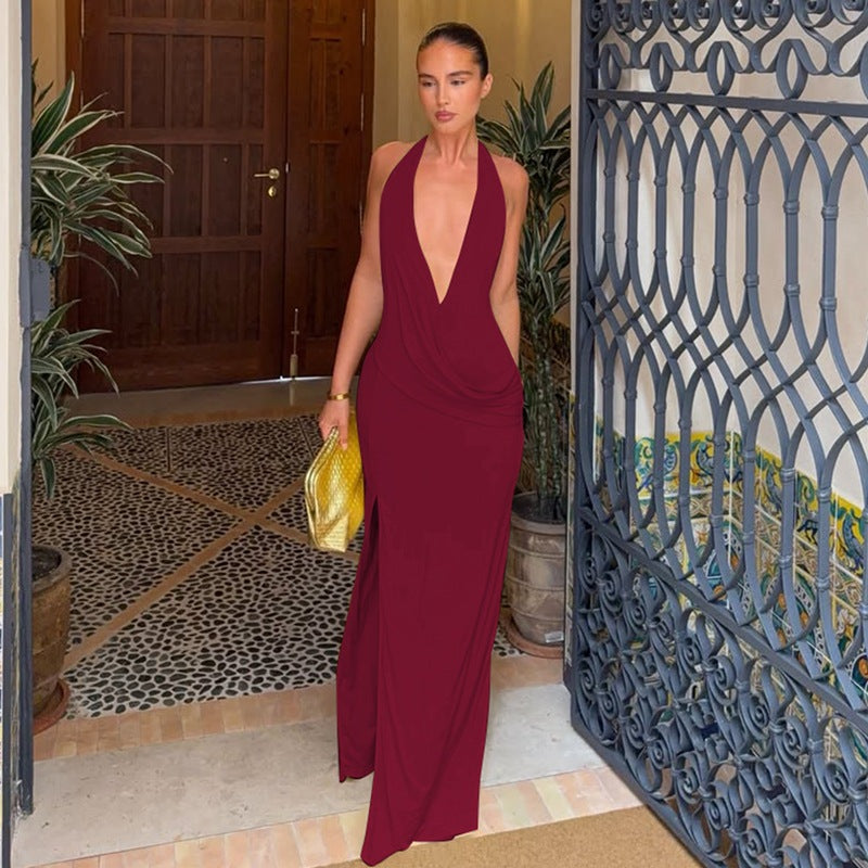 Halter Neck Deep V Backless Slit Dress