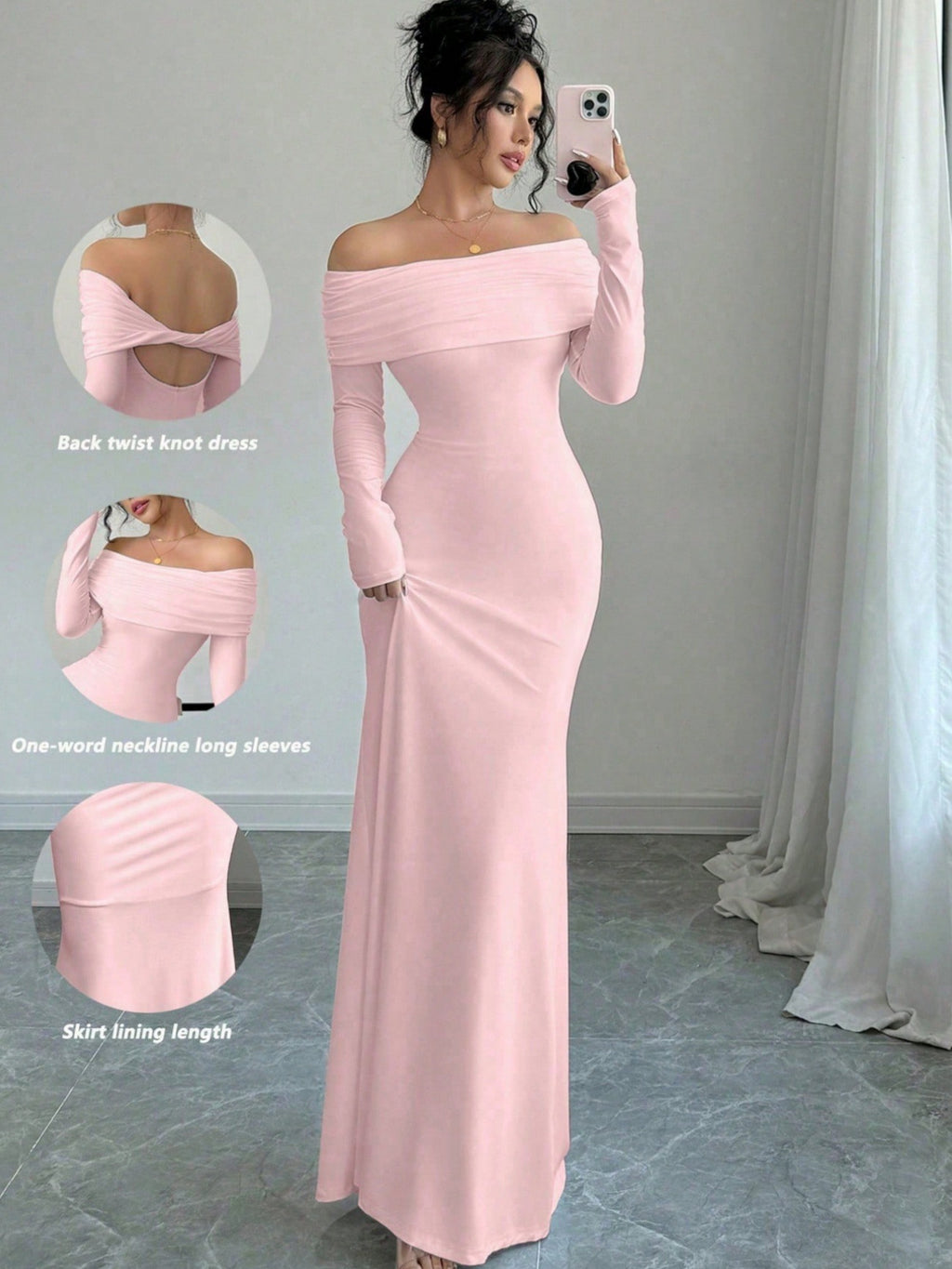 Off-Shoulder Pleated Long Evening Dress
