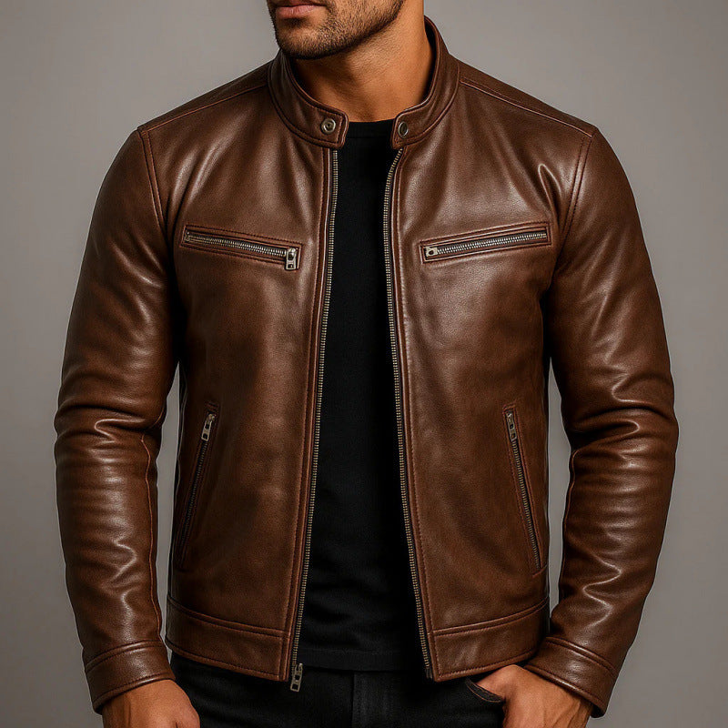 Mens PU Leather Jacket Stand Collar Slim Fit Coat