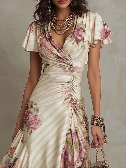 Printed V-Neck Ruffle Hem A-Line Dress