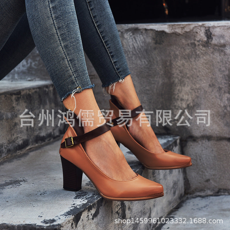 Retro Buckle High Heel Pumps Pointed Toe Summer Dress Shoes for Women