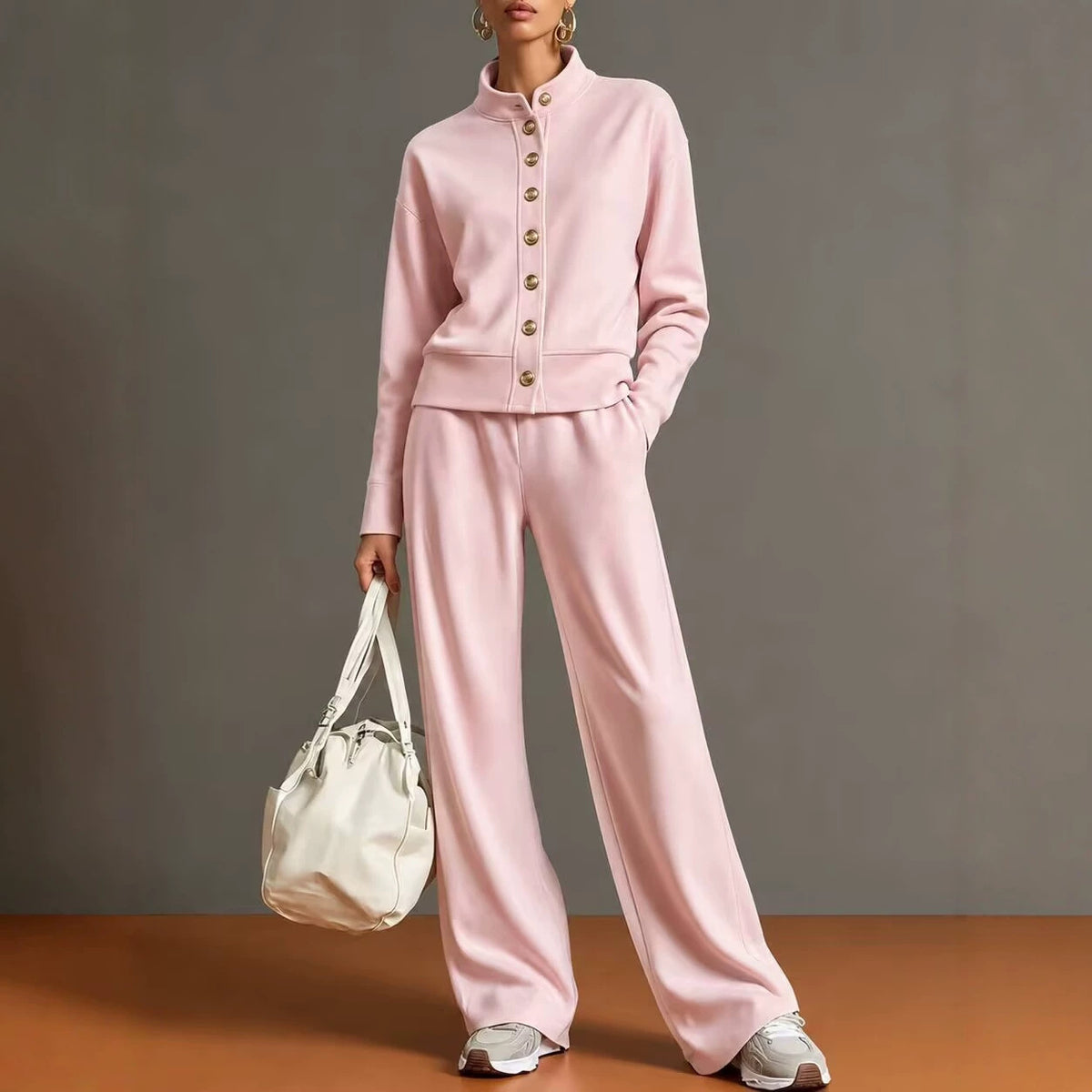 Women's Solid Color Stand Collar Sweatshirt and Wide Leg Pants Casual Two Piece Set