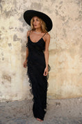 Women's Backless Suspender Dress Sleeveless Pleated Long Dress with Side Slit